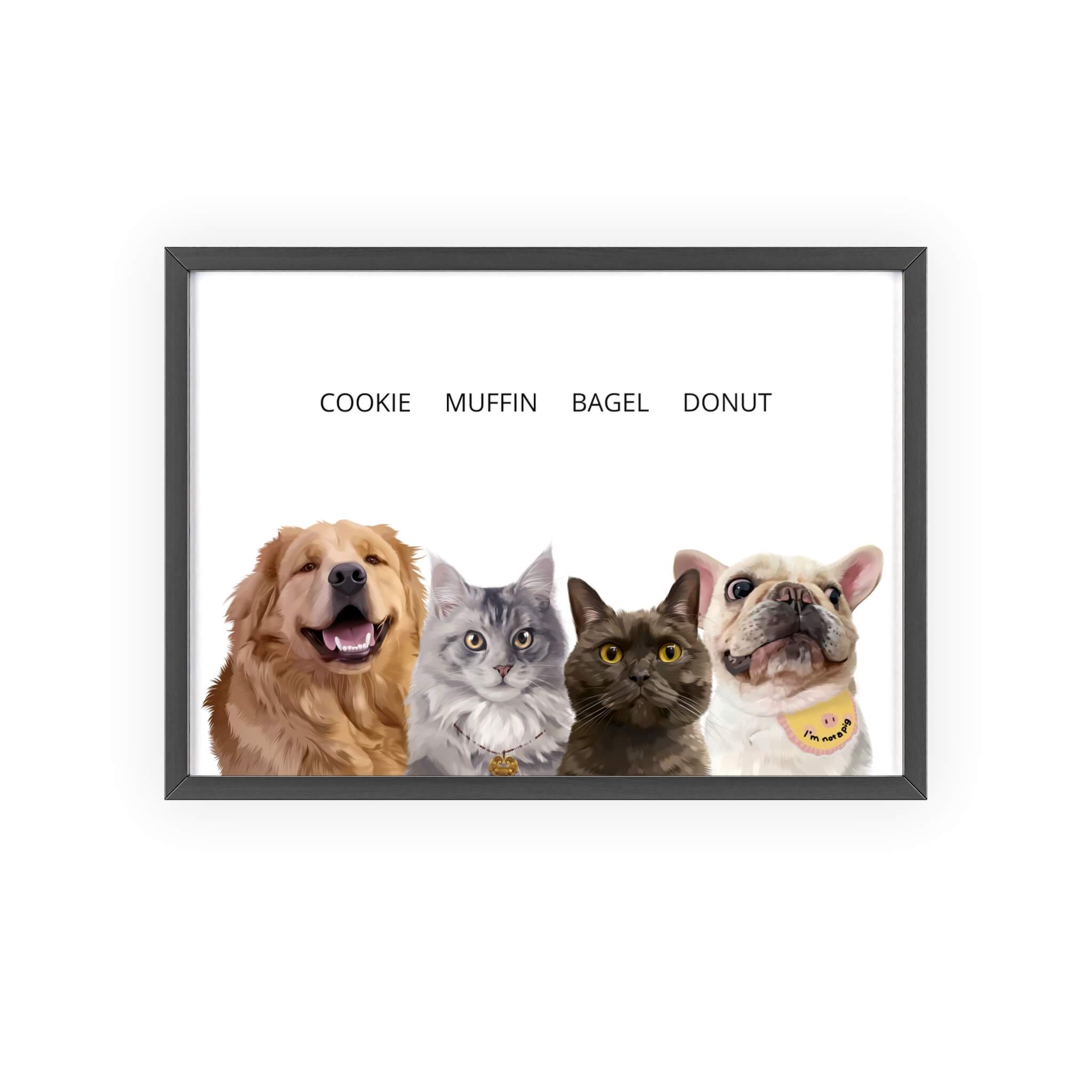 four pets portrait with black frame (white background)