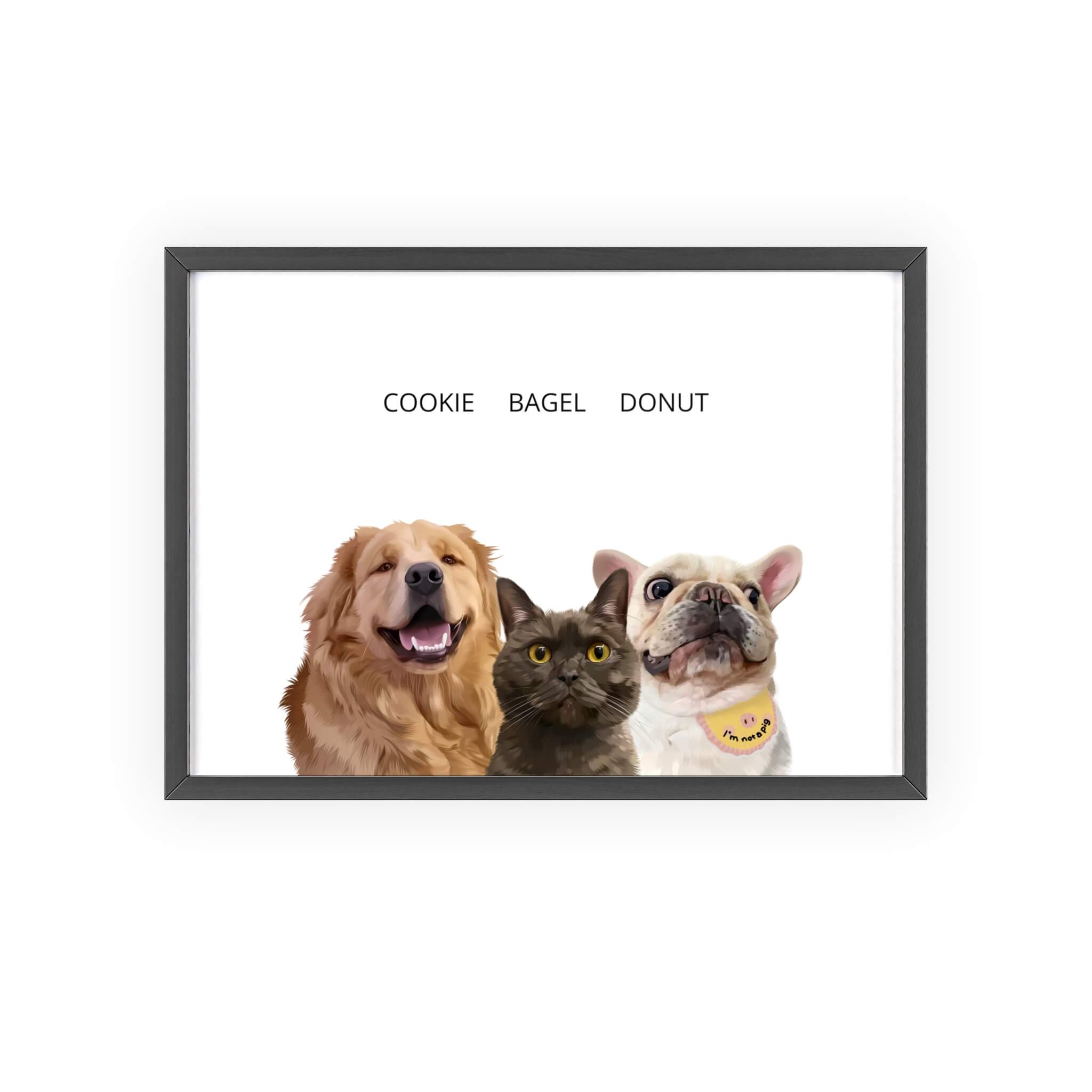 three pets portrait with black frame (white background)